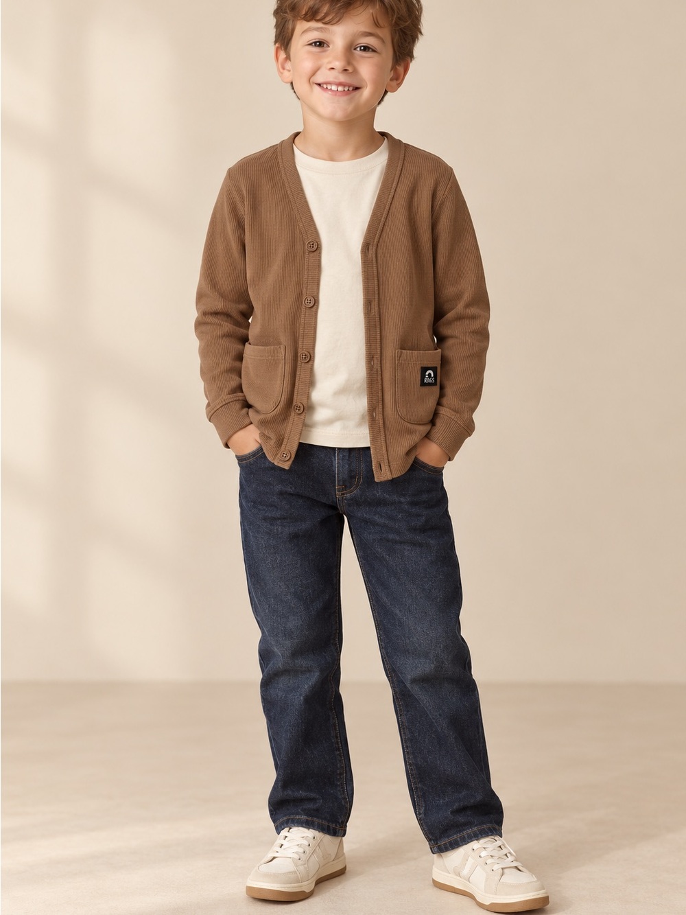 RAGS Essentials Camel Ribbed Cardigan Kids 5/6 Unisex Soft + Stretchy